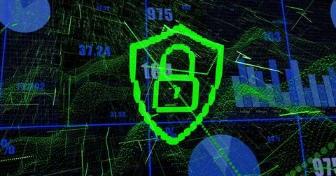 Glowing neon green shield with padlock icon centering network dashboard, showing Ilustração Stock