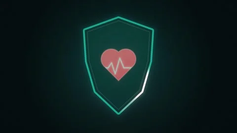 Glowing neon green shield with pink heart and heartbeat line Stock Footage 344327935