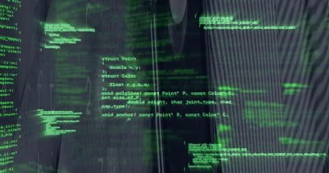 Glowing neon-green source code overlay filling dark workspace display with イラスト素材