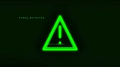 A glowing neon green warning triangle icon centered against a solid dark black Stockbeeldmateriaal 342062333