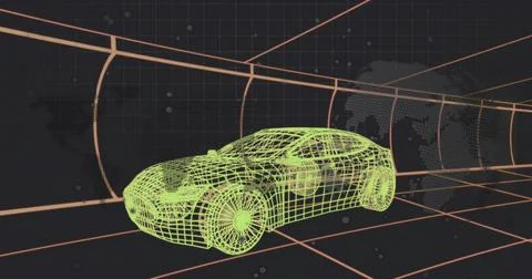 Glowing neon-green wireframe 3D sports car model floating in cyberspace tunne Illustrazione stock