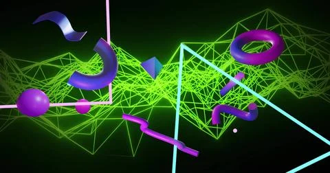 Glowing neon-green wireframe ridge and glossy purple torus and sphere floating Stock Illustration