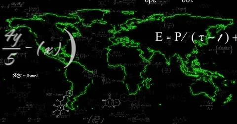Glowing neon-green world map centering on dark digital graphic, with white イラスト素材