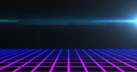 Glowing neon grid floor stretching toward vanishing point on virtual stage, Stock Illustration