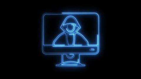 Glowing Neon Hacker Icon on Computer Screen Cybercrime Digital Security Con.. Stock Footage 315657523