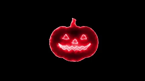 Glowing Neon Halloween Pumpkin Ghost Face Animation on Black Background in 4K Stock Footage 340529291