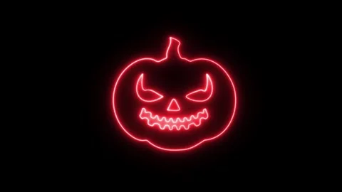 Glowing Neon Halloween Pumpkin Ghost Face Animation on Black Background in 4K Stock Footage 340529294