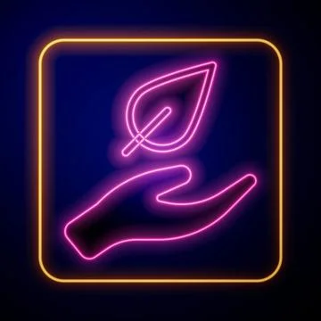 Glowing neon Hand hold a leaf of the plant icon isolated on black background Stock Illustration