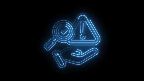 Glowing neon hand holding warning sign with magnifying glass indicating security Stock Footage 330784991
