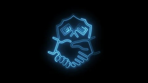 Glowing neon handshake icon with shield and flags signifying partnership an.. Stock Footage 345996178