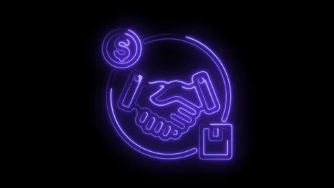 Glowing neon handshake symbol with dollar sign and package animation on bla.. Stock Footage 346004242