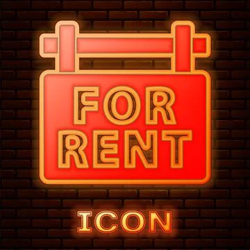 Glowing neon Hanging sign with text For Rent icon isolated on brick wall 스톡 일러스트