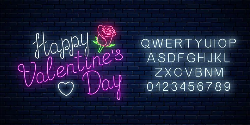 Glowing neon happy valentines day text with rose flower, heart shape with alp Stock Illustration