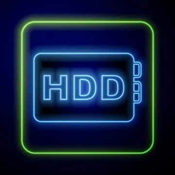 Glowing neon Hard disk drive HDD icon isolated on blue background.  Vector Stock Illustration