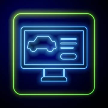 Glowing neon Hardware diagnostics condition of car icon isolated on blue Illustrazione stock