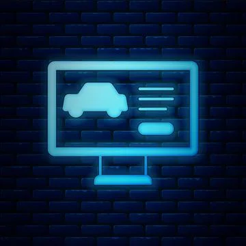 Glowing neon Hardware diagnostics condition of car icon isolated on brick wall Illustrazione stock