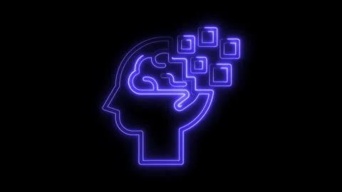 Glowing neon head with brain and squares neural network on black background Stock Footage 322968191