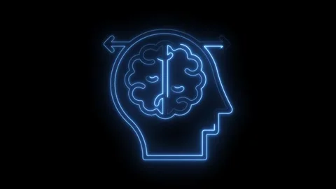 Glowing neon head with brain inside symbolizing thought processes and Stock Footage 322961826
