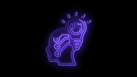 Glowing neon head with bulb artificial intelligence concept on a black Video stock 330778165