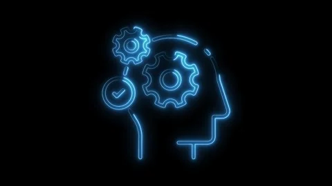 Glowing neon head with gears and check mark rotating represents problem solvi Stock Footage 312333483