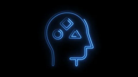 Glowing neon head with geometric shapes represents thinking process and ideas Stock Footage 314649504