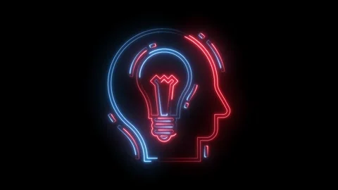 Glowing neon head with lightbulb animation on black background idea concept Stock Footage 322989330
