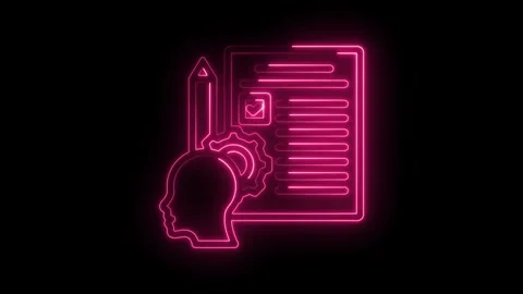 Glowing neon head profile and document gear icon for planning and analysis Stock Footage 330781449