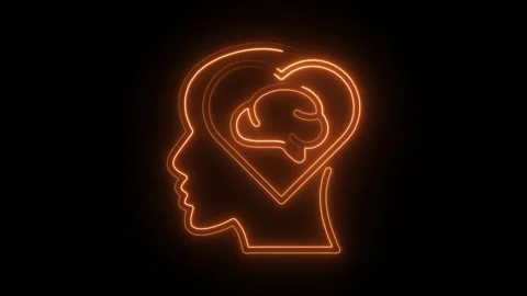 Glowing neon head profile with brain and heart shape on black background Stock Footage 309914326