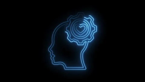 Glowing neon head profile with heart gear abstract intelligence conceptual .. Stock Footage 345999650