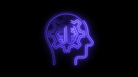 Glowing neon head silhouette with brain and gear inside illustrating artifi.. Stock Footage 314650766