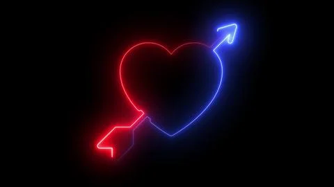 Glowing neon heart shape pierced by an arrow with red and blue gradient lig.. Stock Illustration
