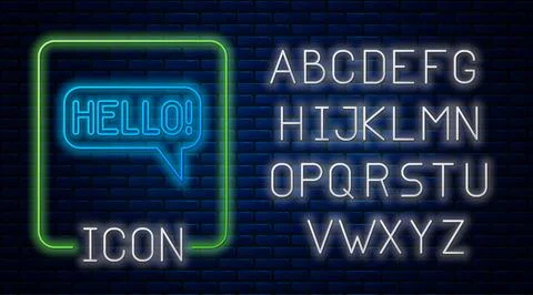 Glowing neon Hello in different languages icon isolated on brick wall background Stock Illustration