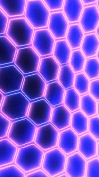 Glowing neon hexagon honeycomb pattern in purple and blue tones, futuristic.. Stock Illustration