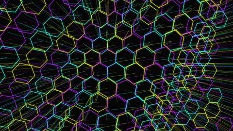 Glowing neon hexagon network pattern with futuristic geometric honeycomb Stock Footage 346212464