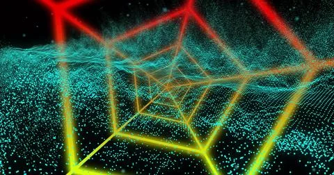 Glowing neon hexagonal frames receding into digital tunnel in dark void, with 库存插图