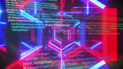 Glowing neon hexagonal tunnel drifting into void, featuring floating JavaScript Stock Footage 309100870
