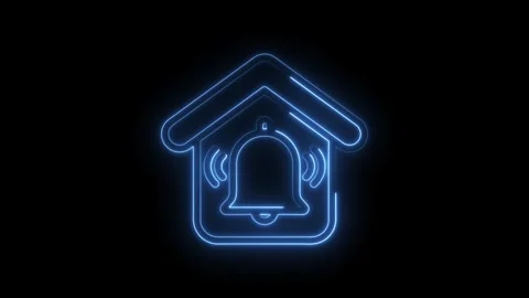 Glowing neon home security bell animated icon on black background for smart home Stock Footage 330785210