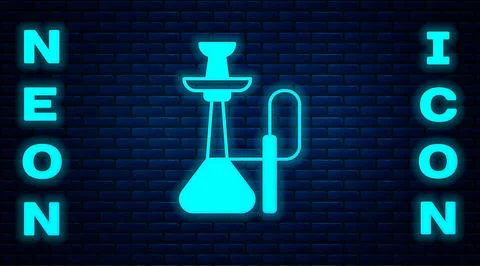 Glowing neon Hookah icon isolated on brick wall background.  Vector Stock Illustration