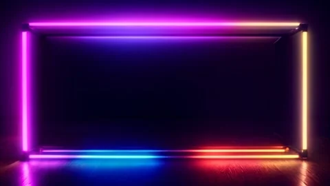 Glowing neon horizontal rectangular frame, blue green pink on black backgroun Stock Footage 273954689