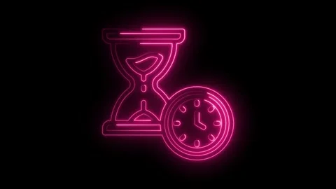 Glowing neon hourglass and clock animation on black background time management Stock Footage 330785462