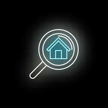 Glowing neon house icon inside magnifying glass searching home Stock Illustration