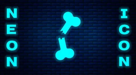 Glowing neon Human broken bone icon isolated on brick wall background. Vector Stock Illustration