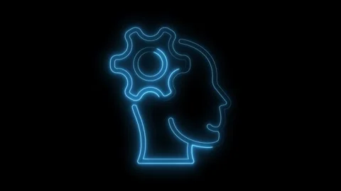 Glowing neon human head with cogwheel rotating inside brain concept animation Stock Footage 309292332