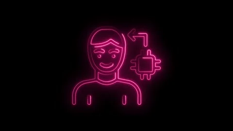Glowing neon human icon connected to computer chip circuit with arrow symbo.. Video stock 314558880