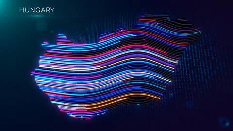 Glowing Neon Hungary Map Digital Abstract Background with Typography Text Lab Stock Illustration