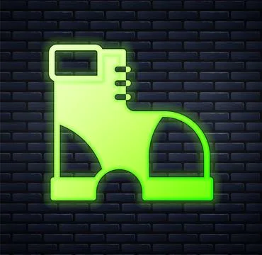 Glowing neon Hunter boots icon isolated on brick wall background.  Vector Stock Illustration