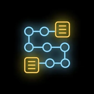 Glowing neon icon of an algorithm processing data with documents connected by Stockillustratie