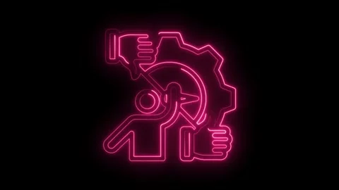 Glowing neon icon animation of performance review feedback loop with gear and Stockbeeldmateriaal 330781491