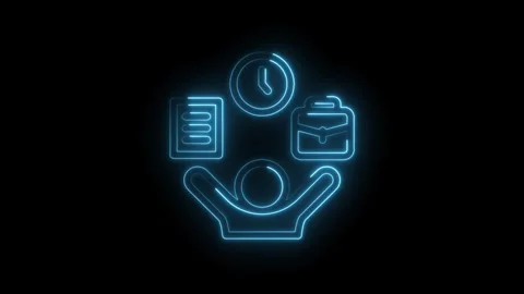 Glowing neon icon animation of time management checklist and briefcase on black Stock Footage 322958300