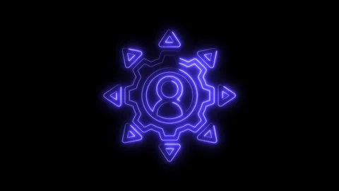 Glowing neon icon animation of user profile inside gear with triangle arrows Stock Footage 322972996